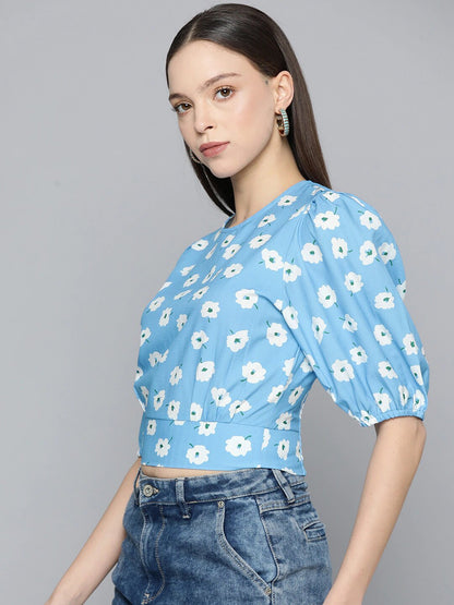 Floral Print Styled Back Crop Top - Skyblue