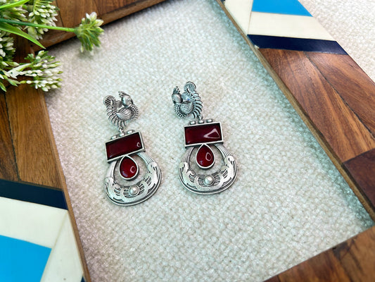 Ruby Red Enchanted Bird Brass Earrings