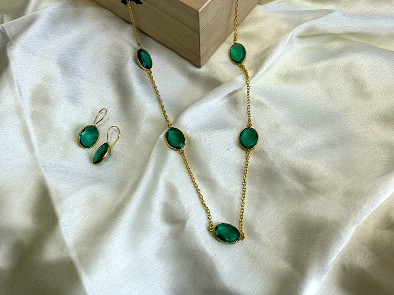 Emerald Chain Necklace with Earrings