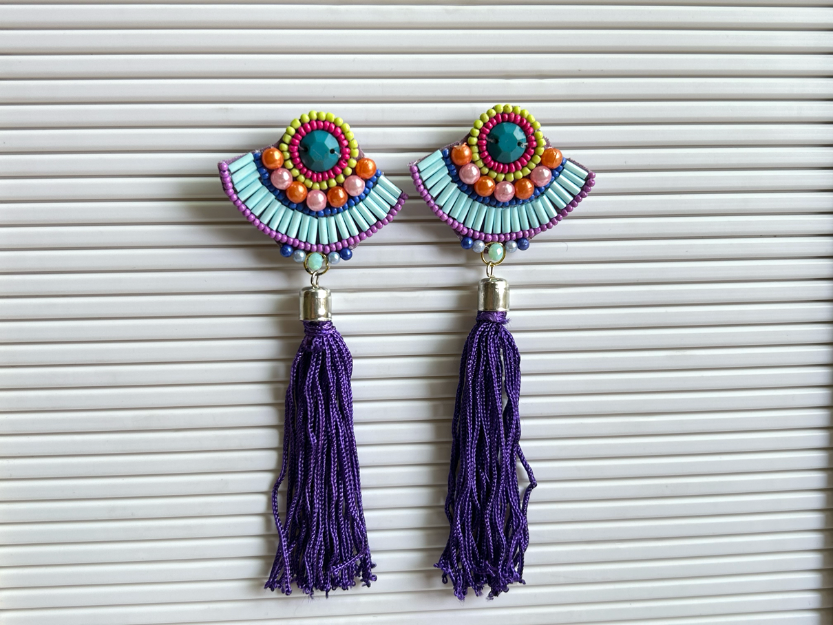 Purple Bead Tassels Earrings