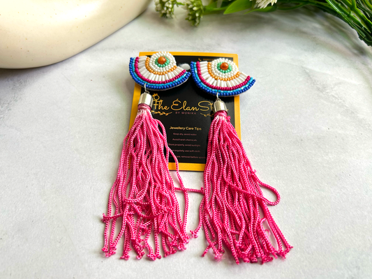 Pink Bead Tassels Earrings